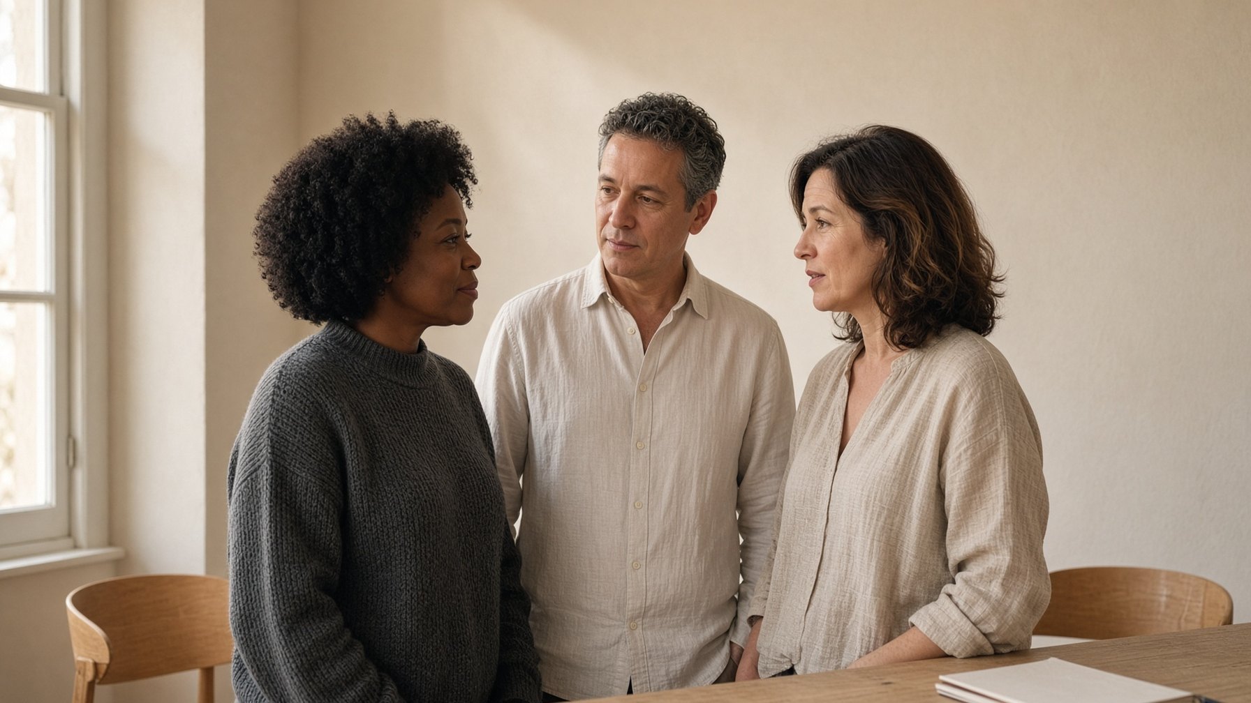 Three leaders in a close huddle at the end of a table, talking through alignment.