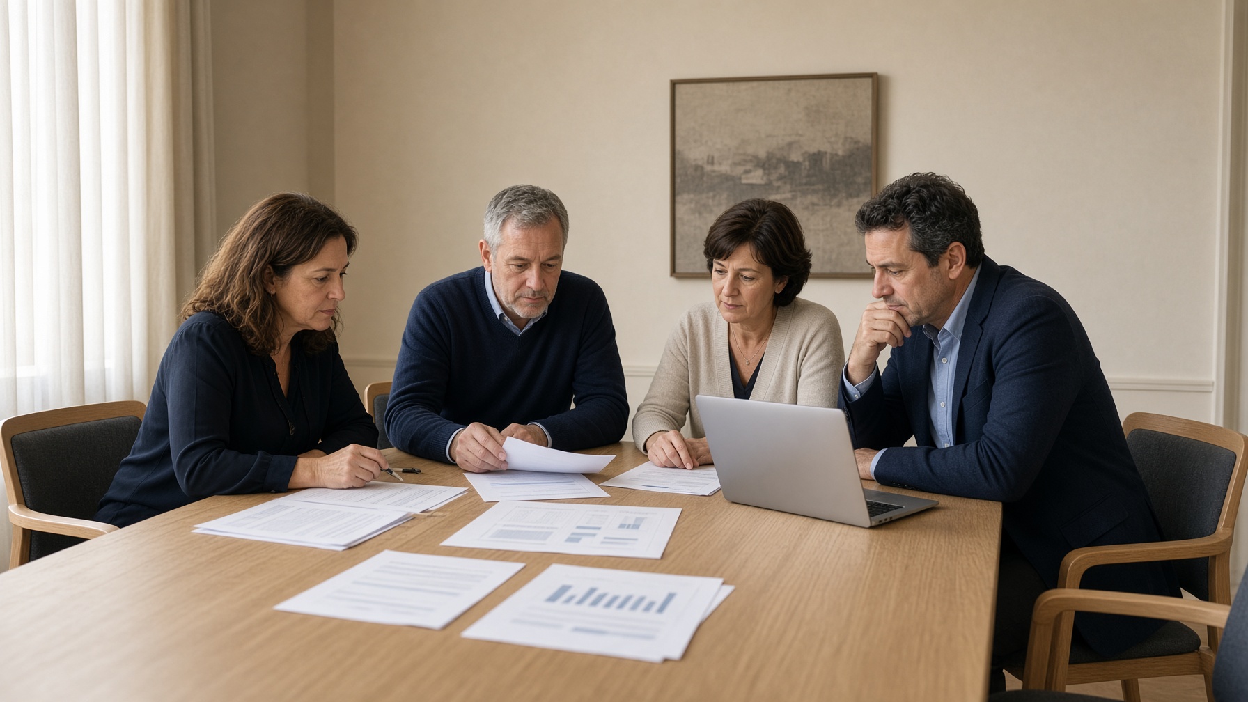A small leadership team gathered around a table with printed reports.